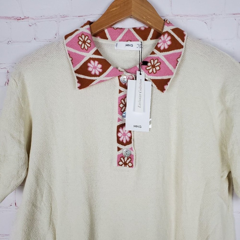 NWOT Mango Womens Knit floral polo Sweater M - Picture 7 of 12